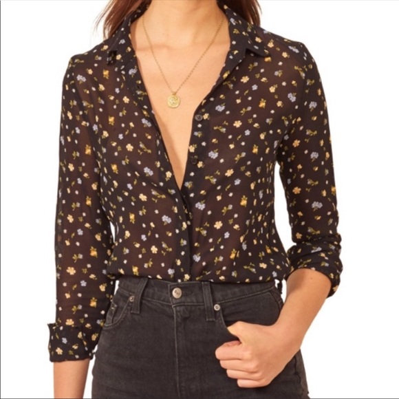 Reformation Tops - Reformation Black Sheer Floral Button-Up Blouse